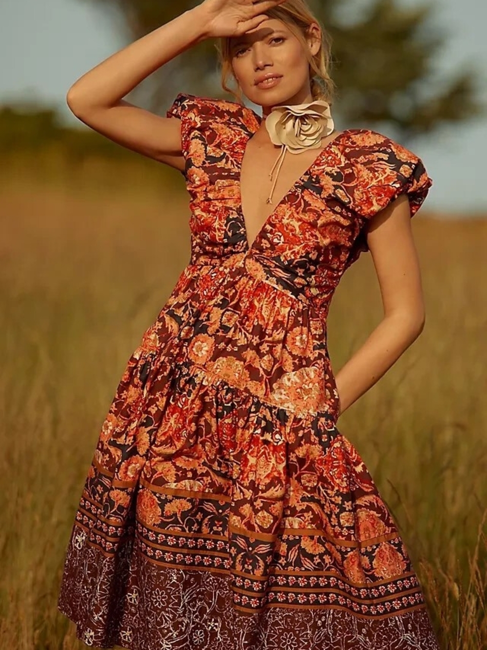 Anthropologie Printed V-Neck Babydoll Dress 10P Red Orange Floral Tiered